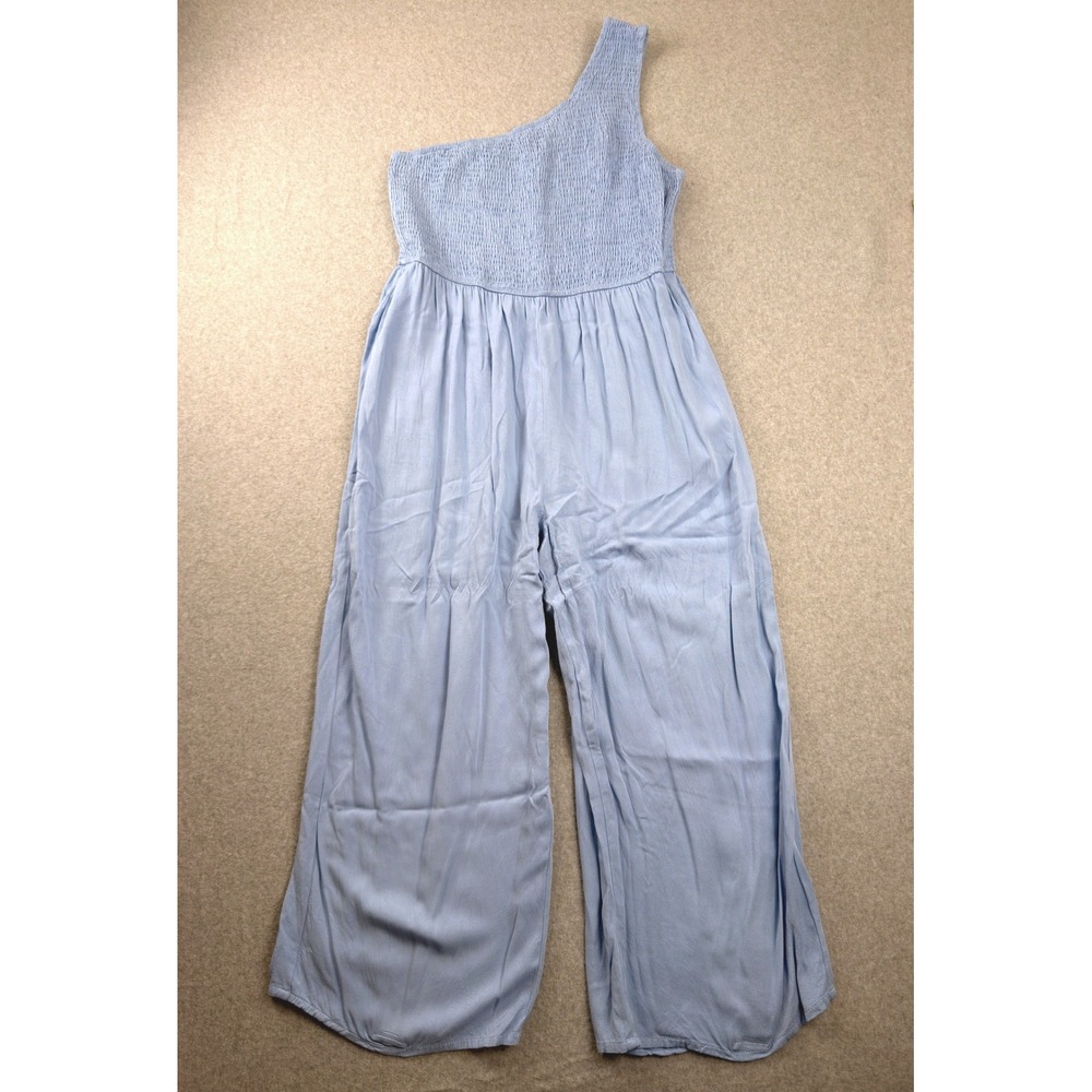 Zesica Light Blue One Shoulder Smocked Wide Leg Jumpsuit XL Rayon Pockets